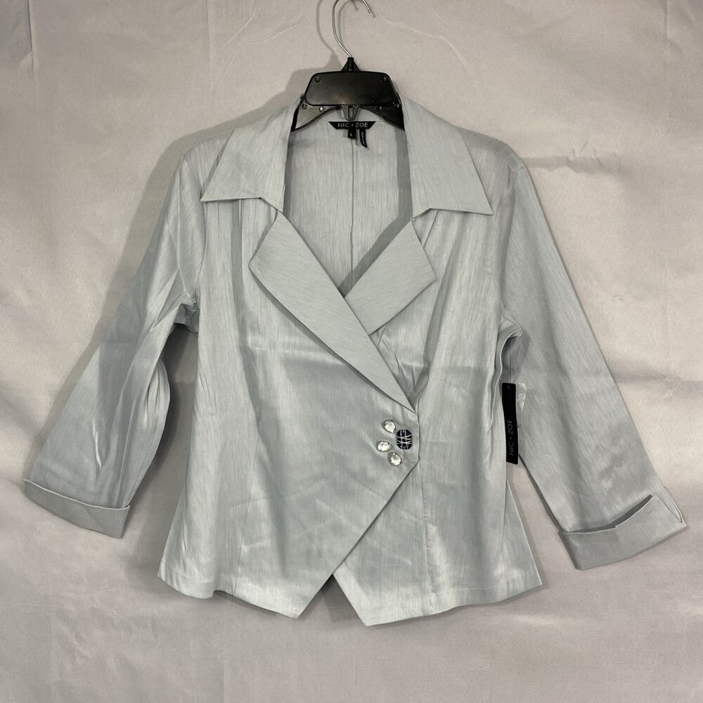 NIC+ZOE Shirt Womens L Linen Blnd Gray Faux Wrap Button Blouse Embellished V